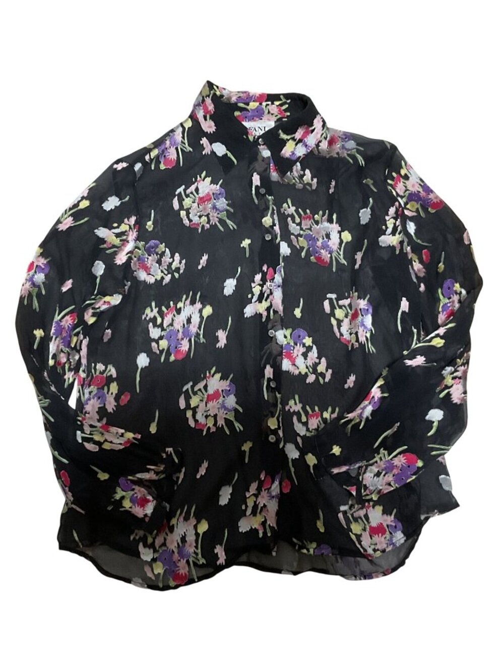 Alfani Petite Womens Black Floral Button-Up Blouse 12P 55% Silk 45% Rayon